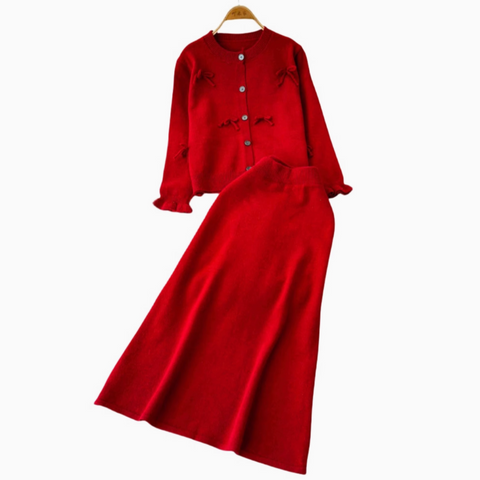 Bow Cardigan&Slim-fit Skirt 2Pcs