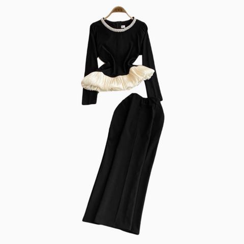 Ruffled Knitwear&Trousers Black 2Pcs