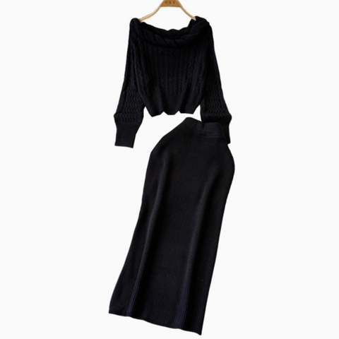 Twisted Neckline Sweater&Skirt 2Pcs
