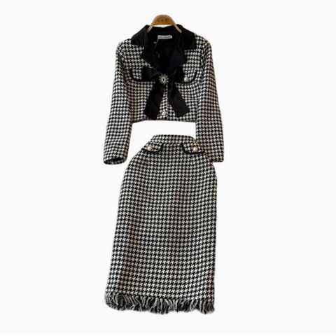 Bow Cardigan&Skirt Houndstooth 2Pcs
