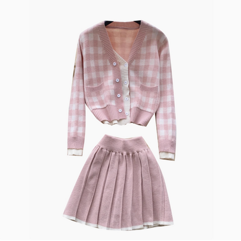 Lace-trim Cardigan&Skirt Plaid 2Pcs