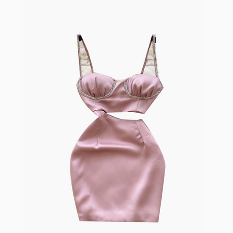 Rhinestone Studded Hollowed Pink Slip Dress