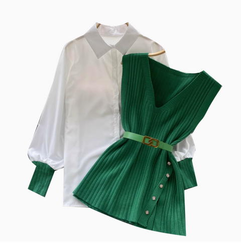V-neck Knitted Vest&White Shirt 2Pcs