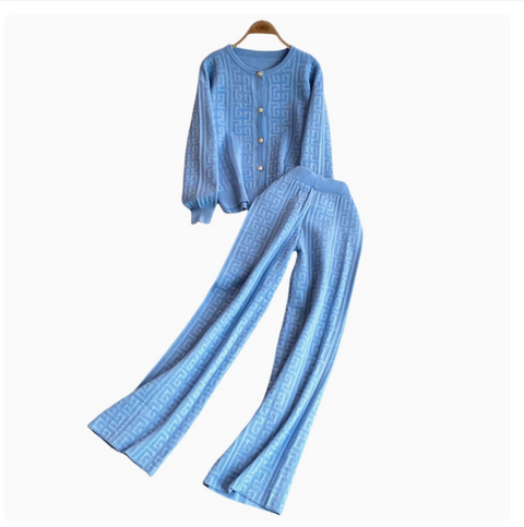 Crochet Cardigan&Wide-leg Trousers 2Pcs