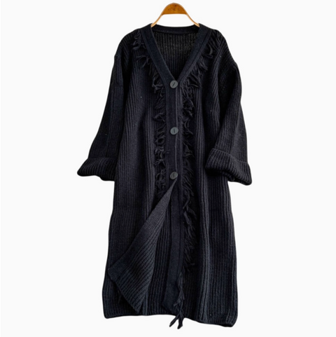 V-neck Fringed Loose-fit Cardigan