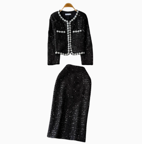 Sequined Blazer&Skirt Tweed 2Pcs