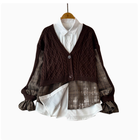 Plaid Patchwork Cardigan&White Shirt 2Pcs
