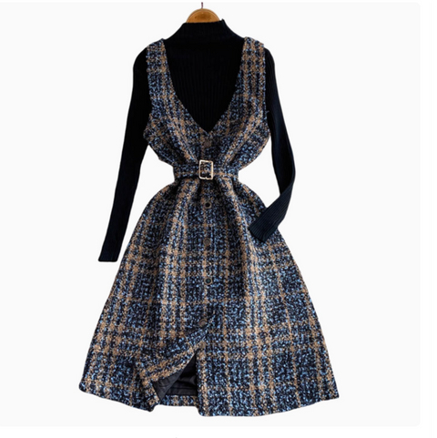 V-neck Tweed Dress&Black Sweater 2Pcs