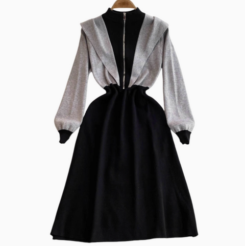 Casual Patchwork Hooded Black Dress