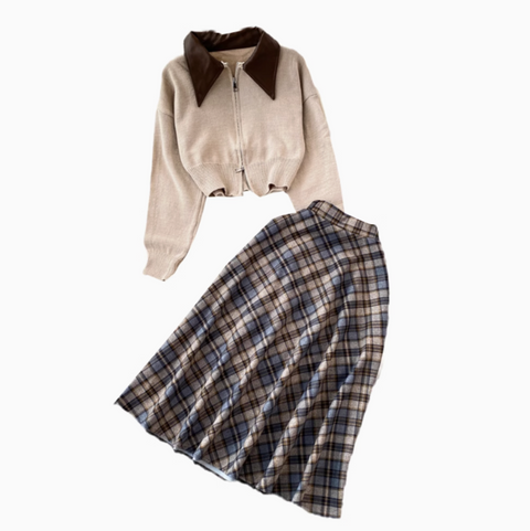 Zipped Cardigan&Plaid Skirt 2Pcs