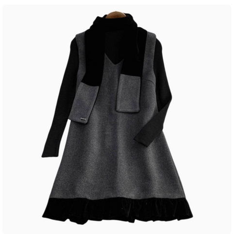 Patchwork Vest Dress&Black Sweater 2Pcs