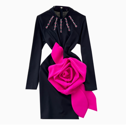 3D Rose Rhinestone Studded Black Dress