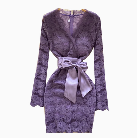 V-neck Embroidered Flocked Lace Dress