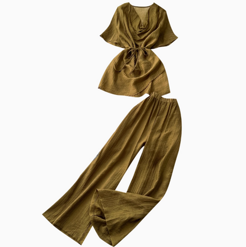 Draped Neckline Top & Wide-leg Trousers 2Pcs