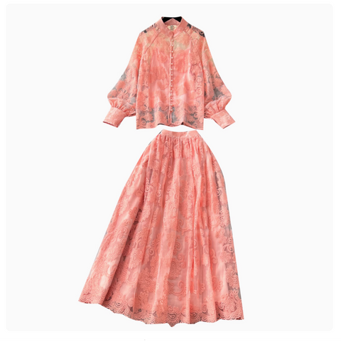 Embroidered Mesh Shirt & Skirt 2Pcs