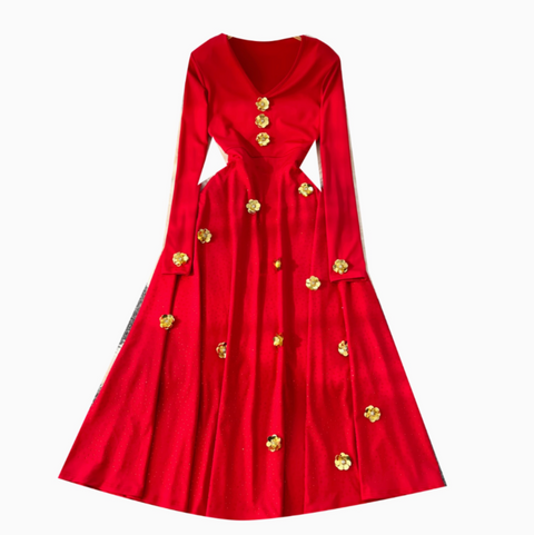 Sequin Beaded Floral V-neck Dress