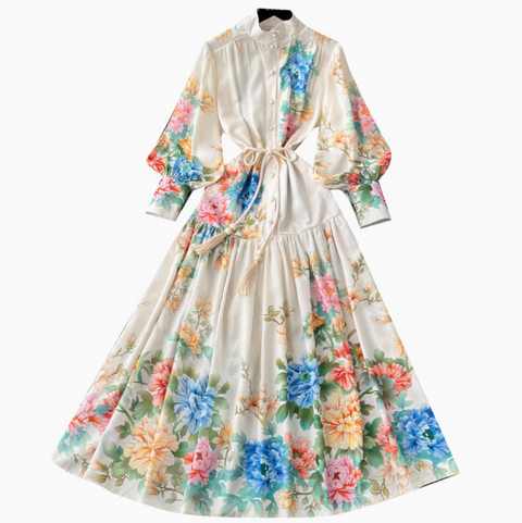 Courtly Lace-up Floral Shirt Dress