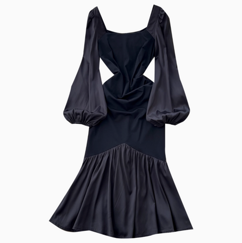 Square Neckline Patchwork Black Dress