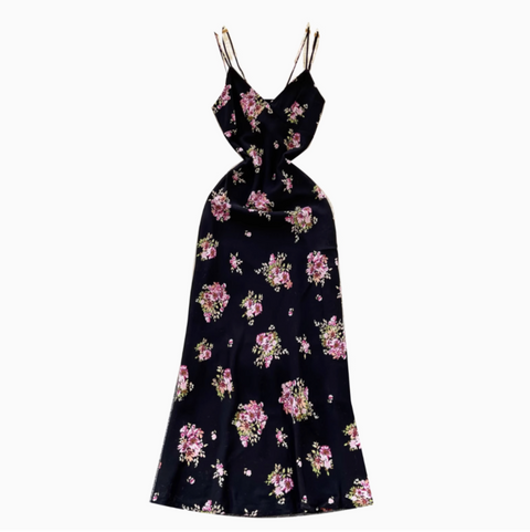 French Style Floral Black Slip Dress