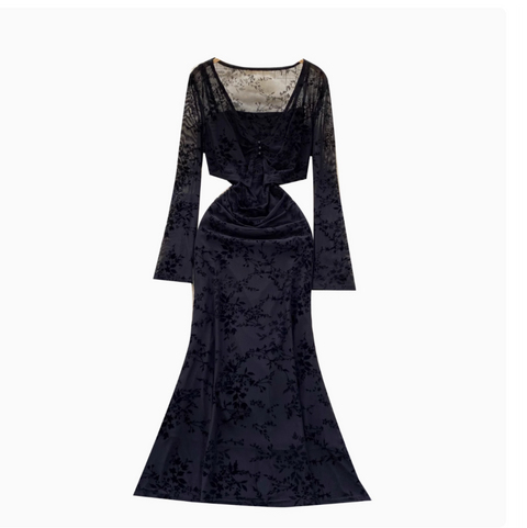 Mesh Cape & Embroidered Black Dress 2Pcs