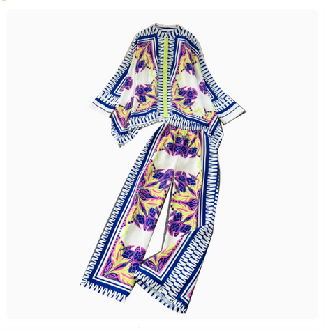 Bat Sleeve Top & Trousers Ethnic Printed 2Pcs