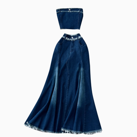 Tank Top & Fringed Skirt Denim 2Pcs