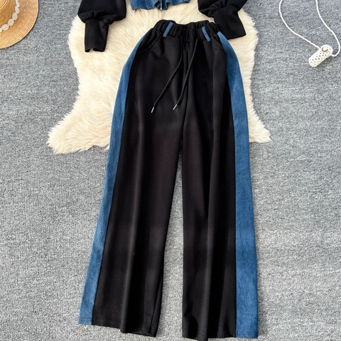 Denim Patchwork Cardigan & Trousers 2Pcs