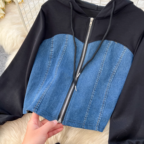 Denim Patchwork Cardigan & Trousers 2Pcs