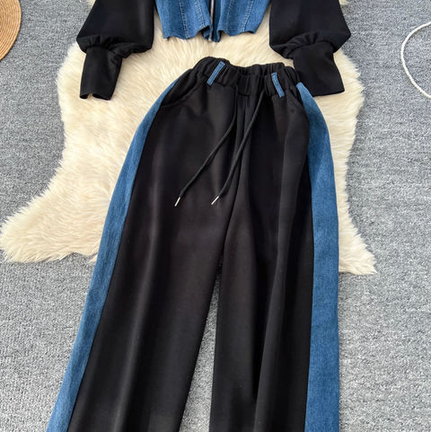 Denim Patchwork Cardigan & Trousers 2Pcs
