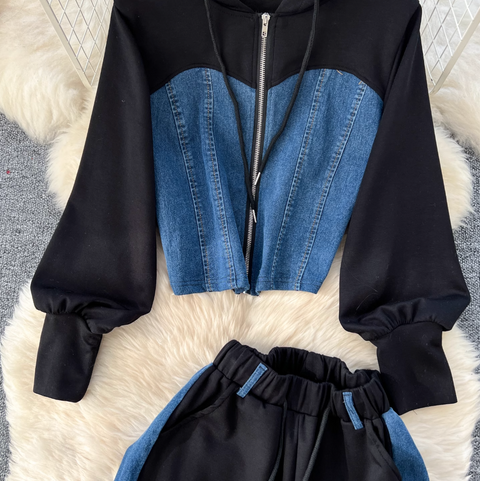 Denim Patchwork Cardigan & Trousers 2Pcs