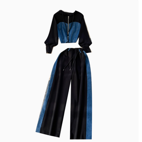 Denim Patchwork Cardigan & Trousers 2Pcs