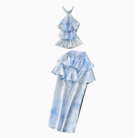 Tie-dye Blue Halter Top & Skirt 2Pcs