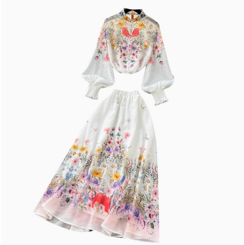 Flared-sleeve Shirt & Skirt Floral 2Pcs