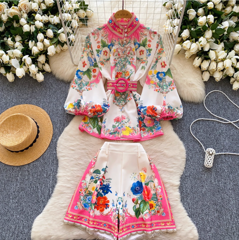 Stand-collar Top & Shorts Floral Printed 2Pcs
