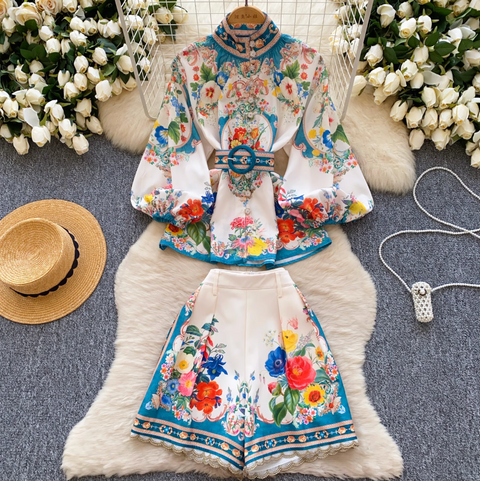 Stand-collar Top & Shorts Floral Printed 2Pcs