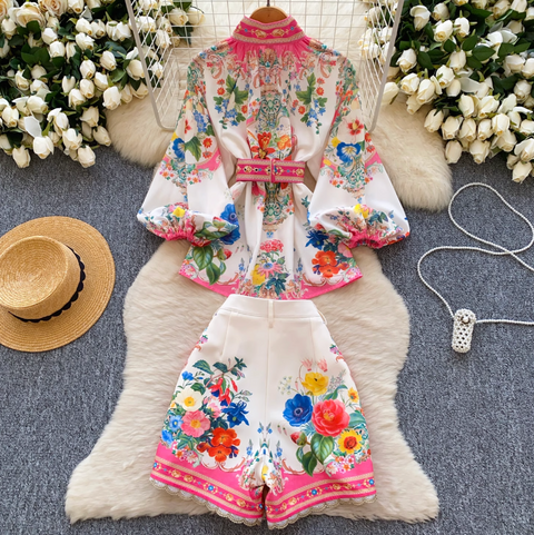 Stand-collar Top & Shorts Floral Printed 2Pcs