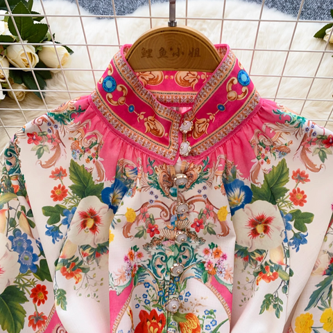 Stand-collar Top & Shorts Floral Printed 2Pcs