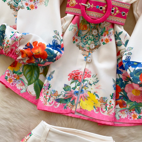 Stand-collar Top & Shorts Floral Printed 2Pcs