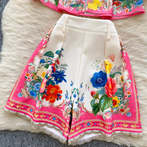 Stand-collar Top & Shorts Floral Printed 2Pcs