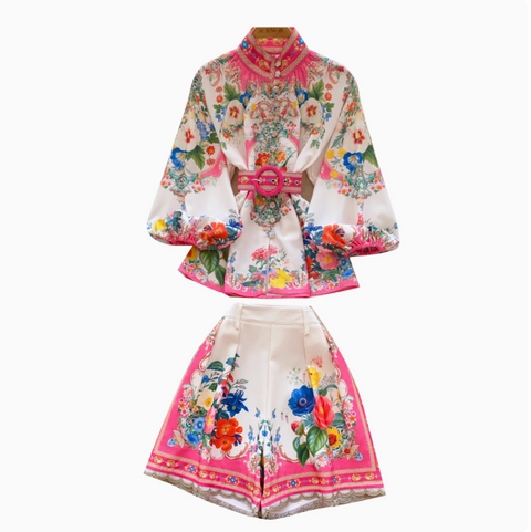 Stand-collar Top & Shorts Floral Printed 2Pcs