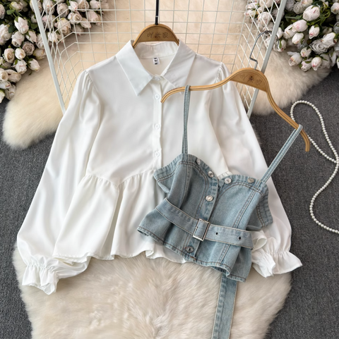 Denim Camisole & White Shirt 2Pcs
