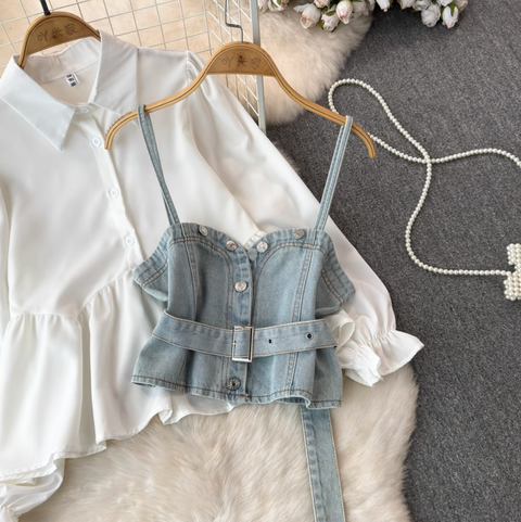 Denim Camisole & White Shirt 2Pcs