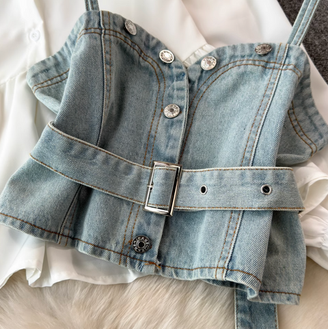 Denim Camisole & White Shirt 2Pcs
