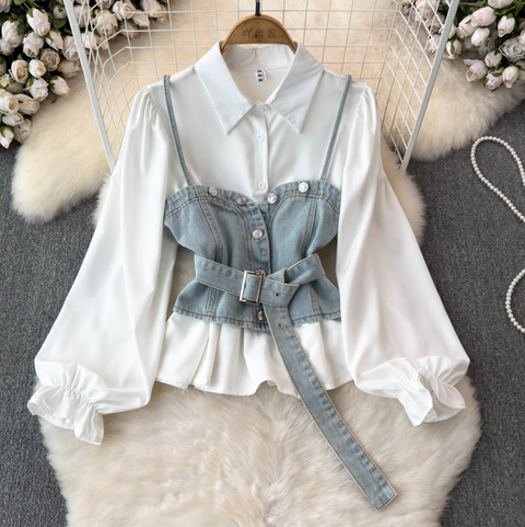 Denim Camisole & White Shirt 2Pcs