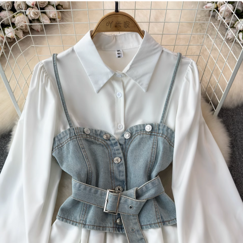 Denim Camisole & White Shirt 2Pcs