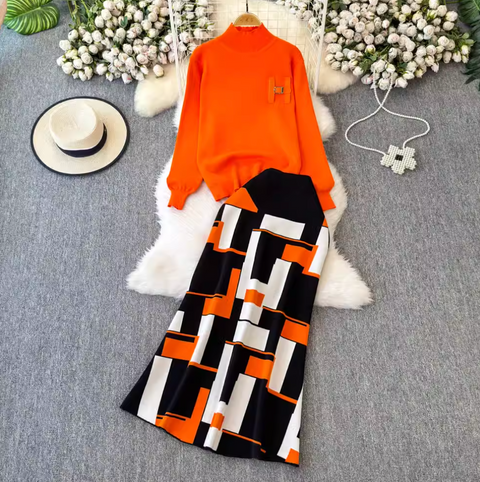 Monogrammed Sweater & Plaid Skirt 2Pcs
