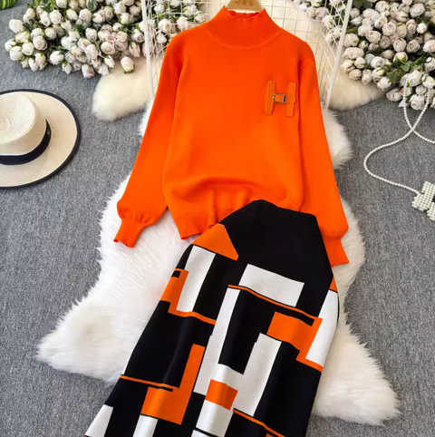 Monogrammed Sweater & Plaid Skirt 2Pcs