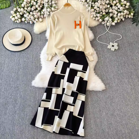 Monogrammed Sweater & Plaid Skirt 2Pcs