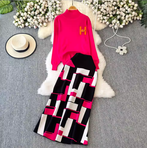 Monogrammed Sweater & Plaid Skirt 2Pcs