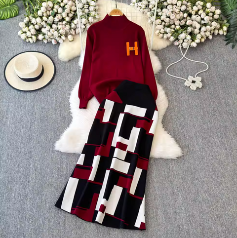 Monogrammed Sweater & Plaid Skirt 2Pcs